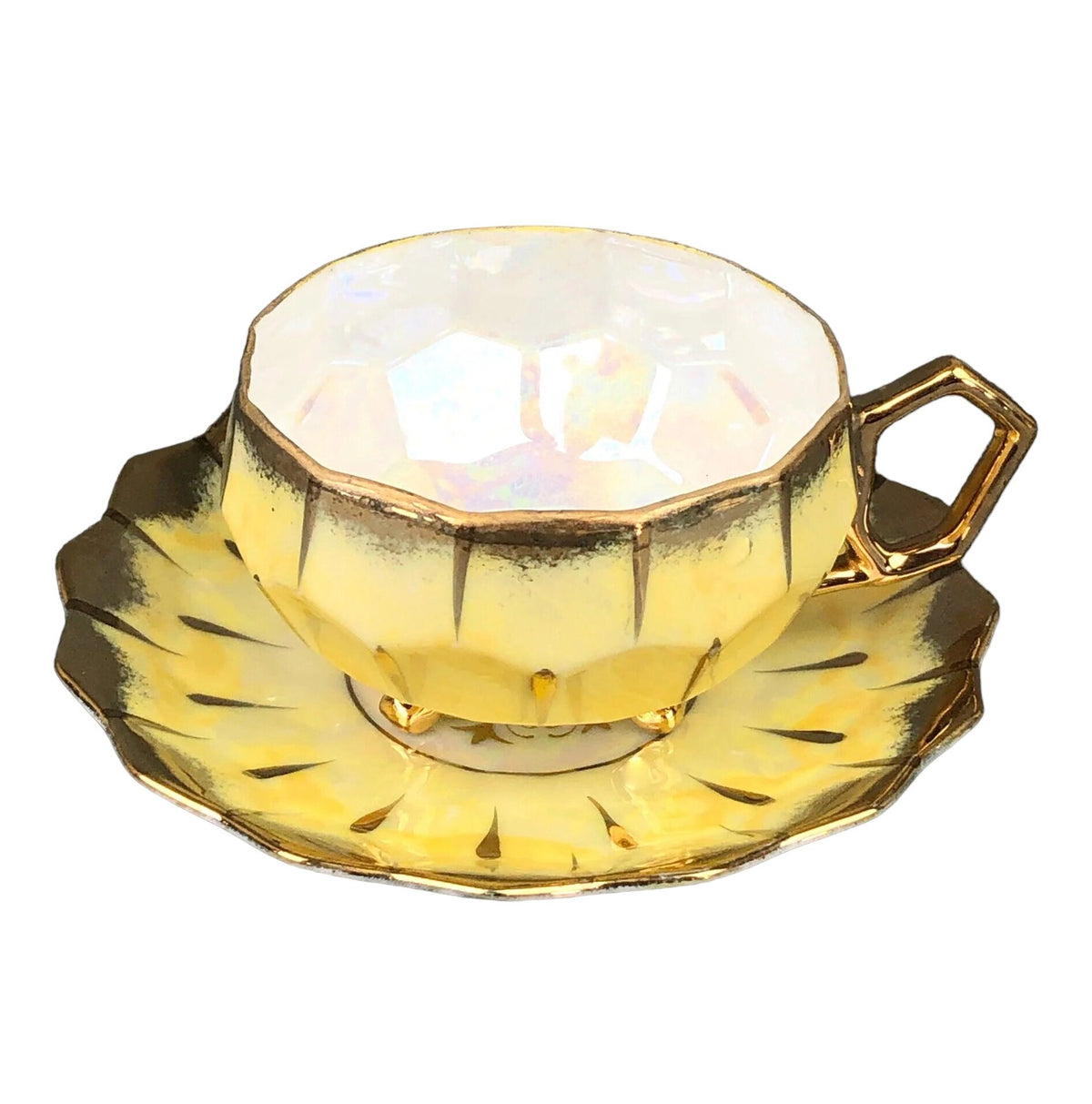 Antique Royal Sealy China Cup & Saucer – Yellow with Gold & Iridescent Finish