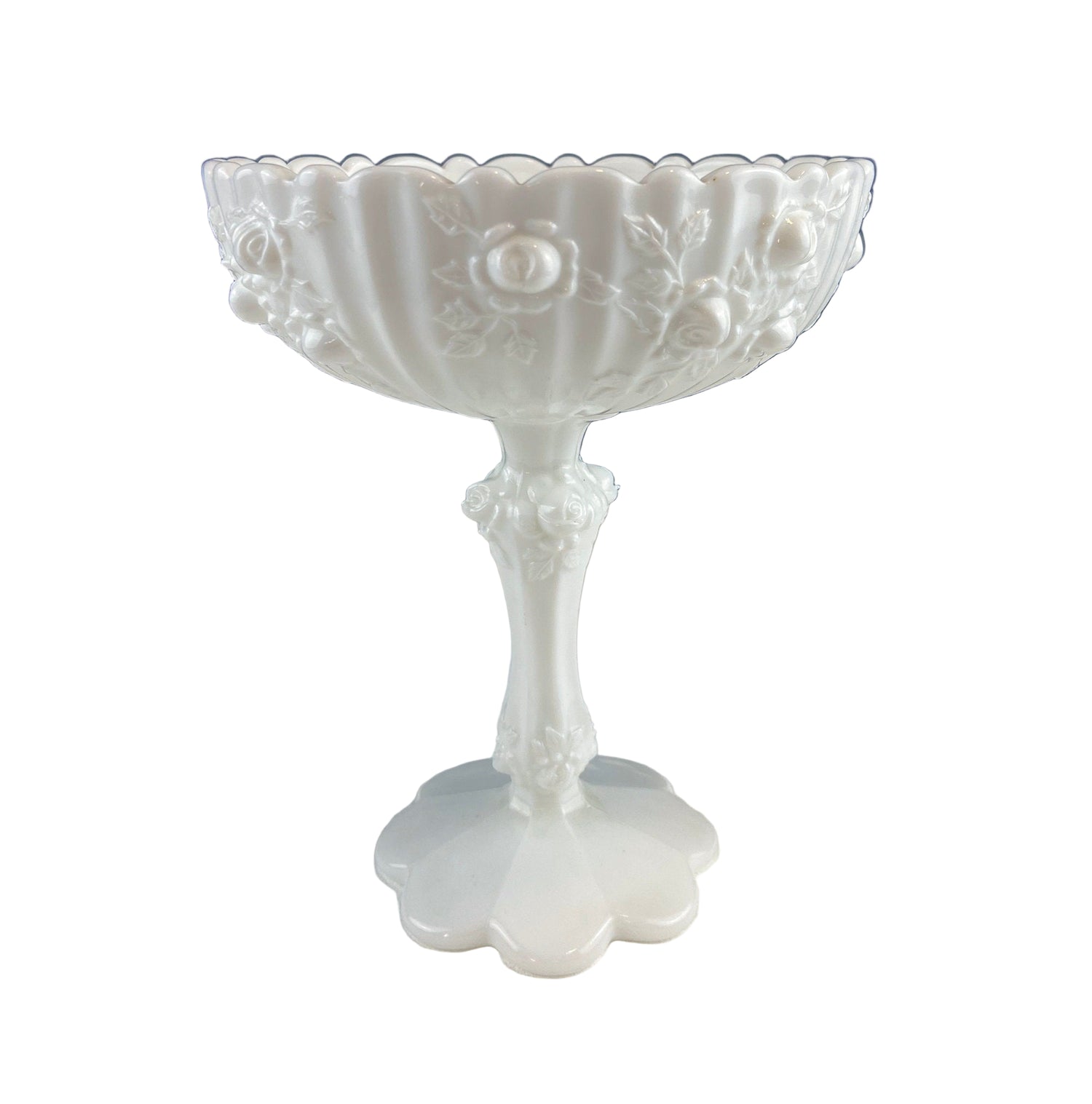 Milk Glass Footed Bowl with 3D Roses – Scalloped Rim Compote