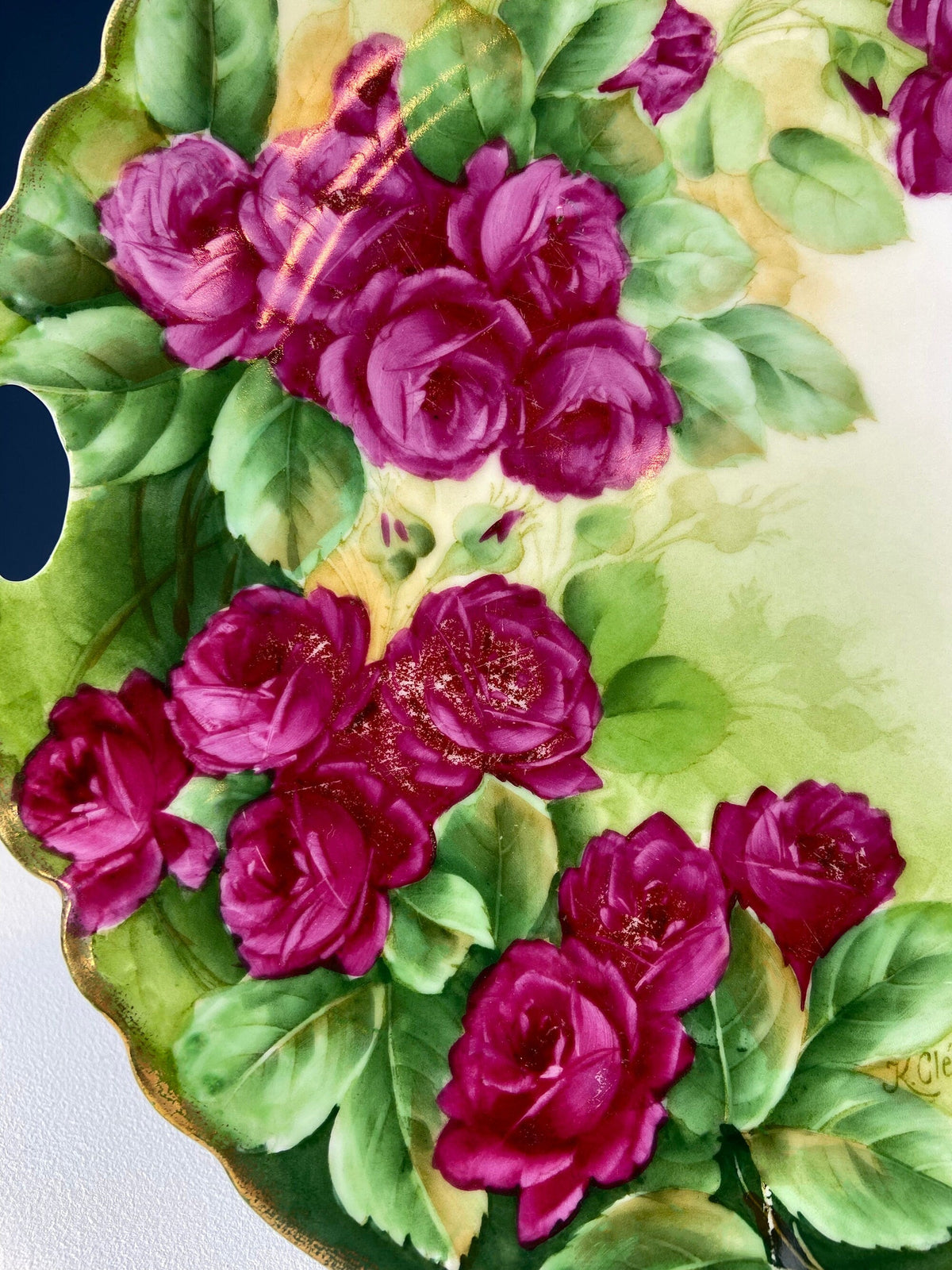 Antique Hand Painted Plate – Red Roses Decorative Serving Piece