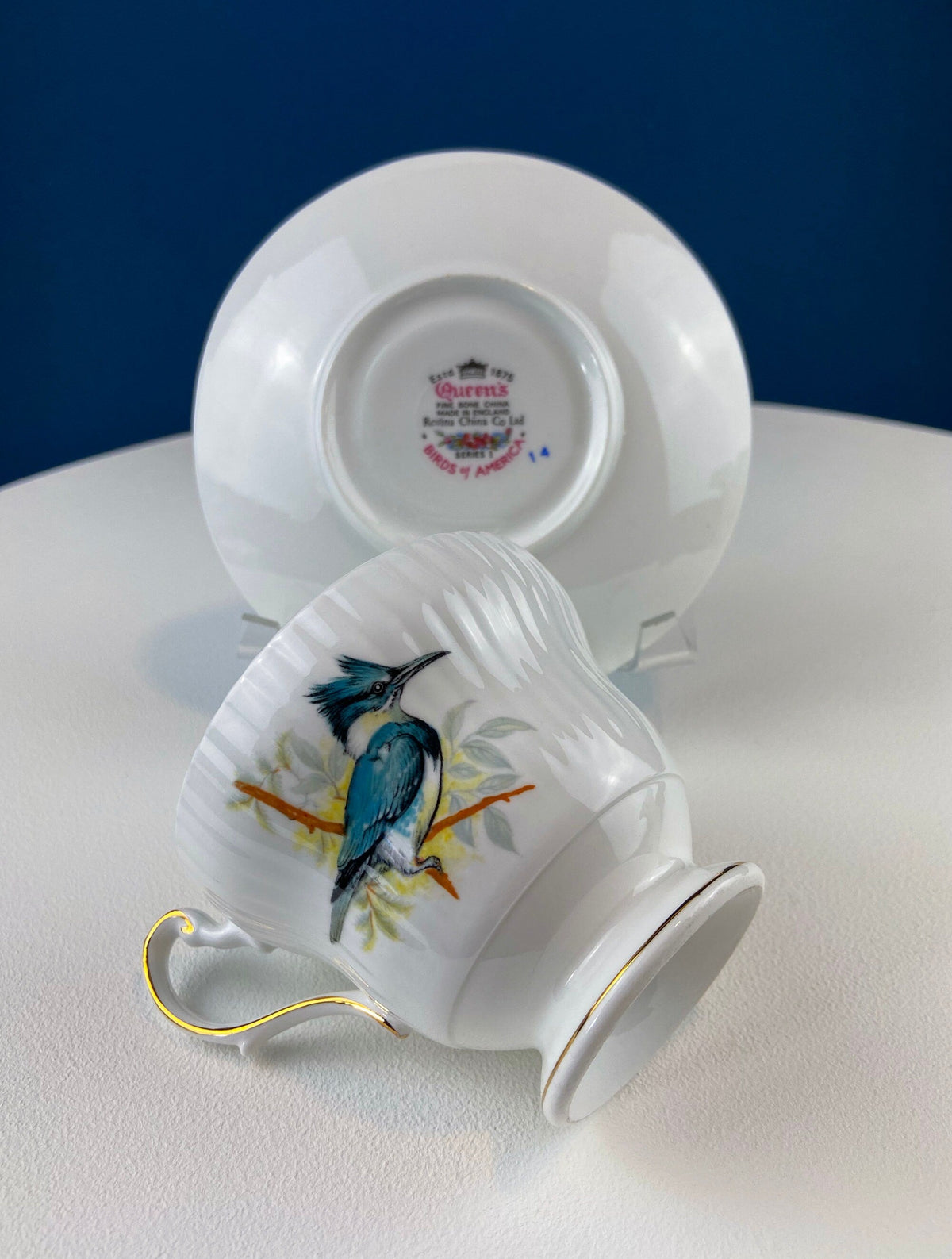 Vintage Queen’s Fine Bone China Cup & Saucer – Kingfisher Blue Birds