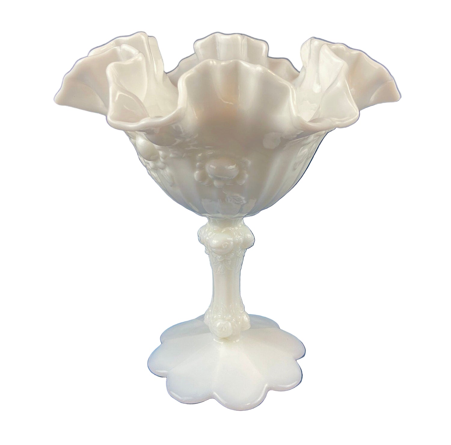 Fenton Hand Painted Milk Glass Compote – Hobnail Ruffled Bowl