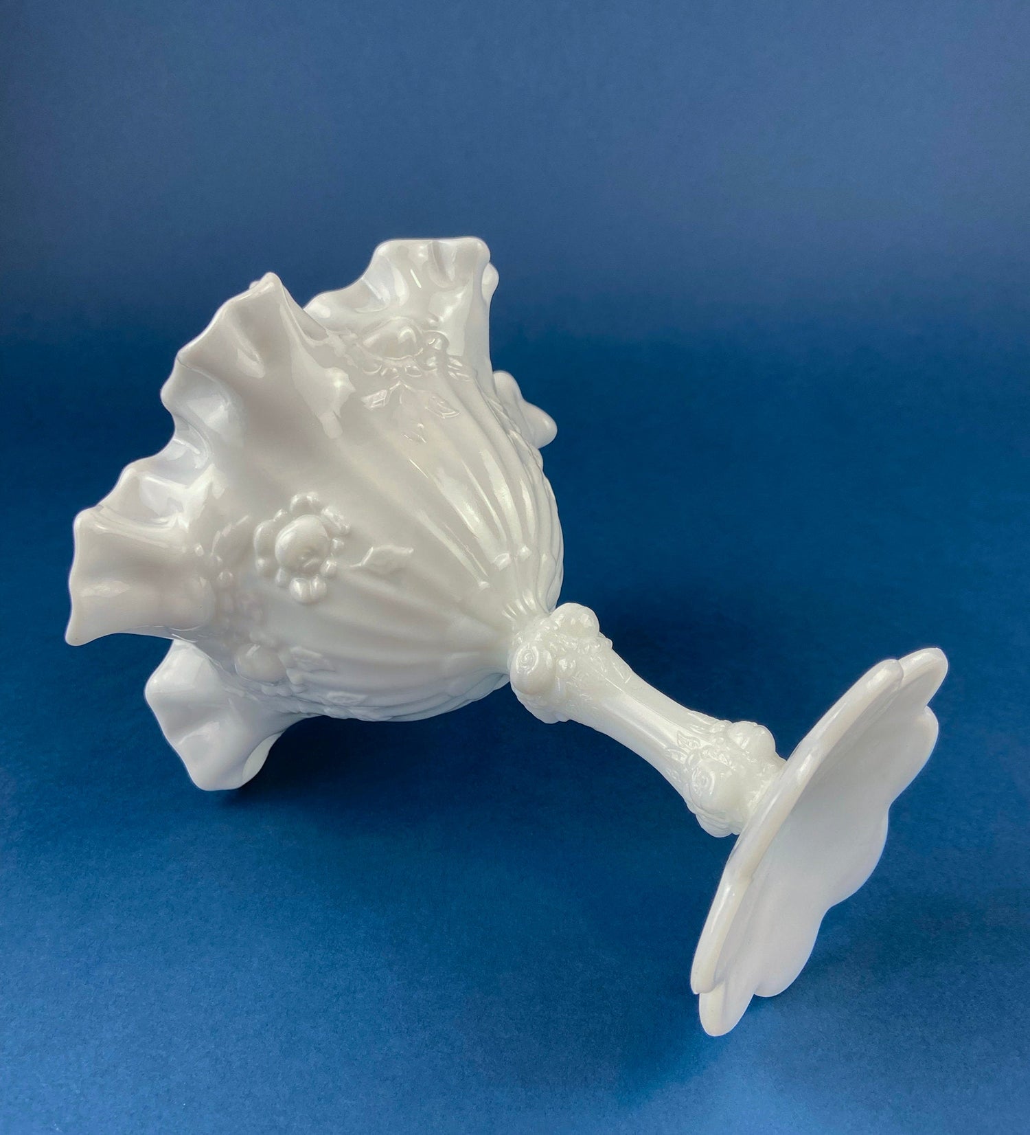 Fenton Hand Painted Milk Glass Compote – Hobnail Ruffled Bowl