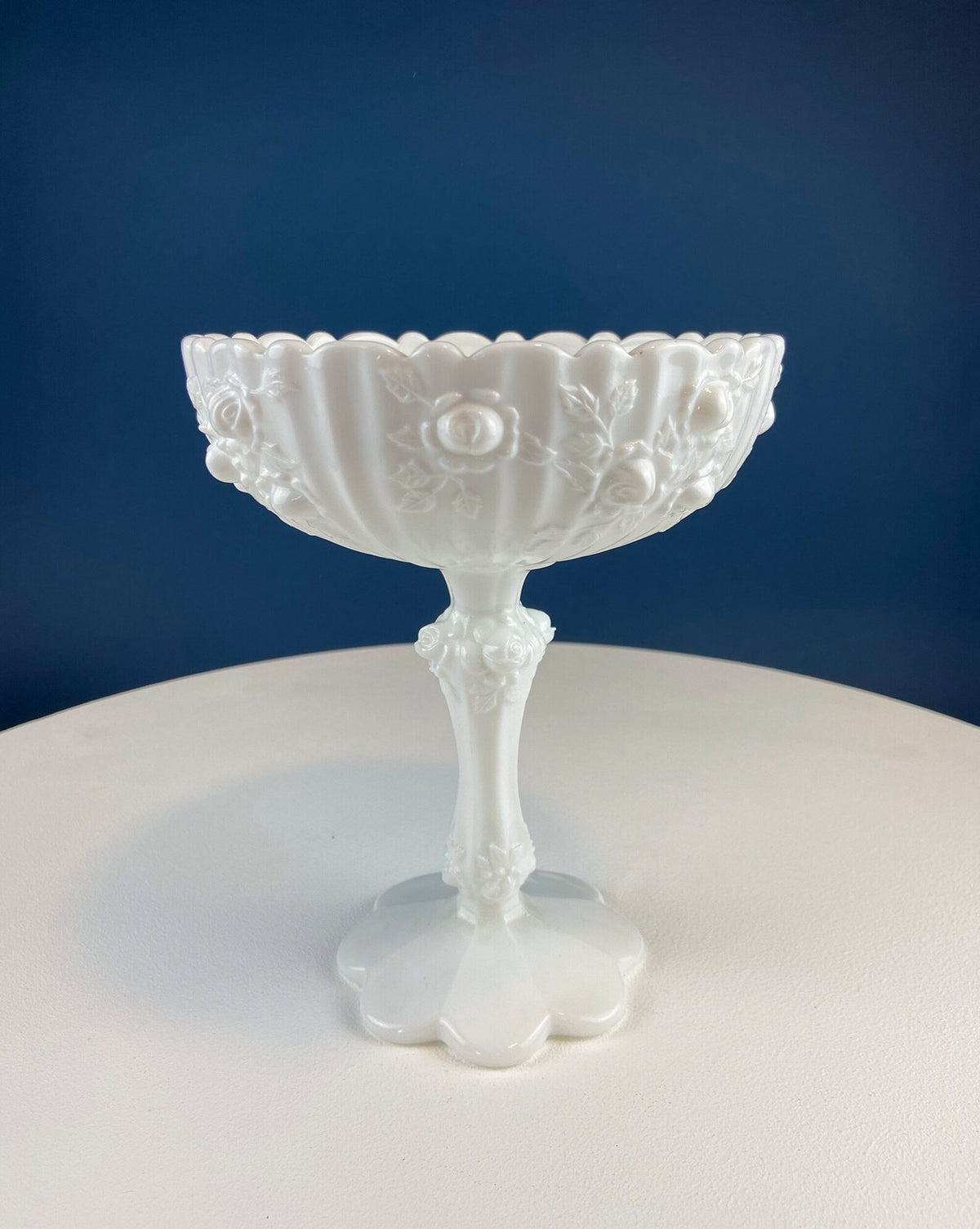 Fenton Hand Painted Milk Glass Compote – Hobnail Ruffled Bowl