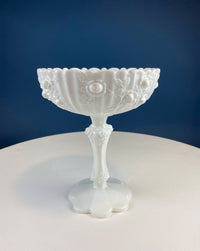 Fenton Hand Painted Milk Glass Compote – Hobnail Ruffled Bowl