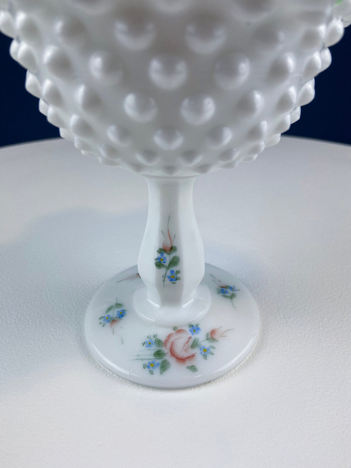 Fenton Hand Painted Milk Glass Compote – Hobnail Ruffled Bowl