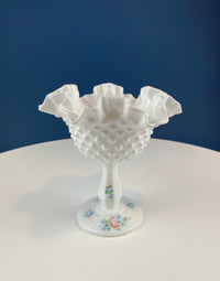 Fenton Hand Painted Milk Glass Compote – Hobnail Ruffled Bowl