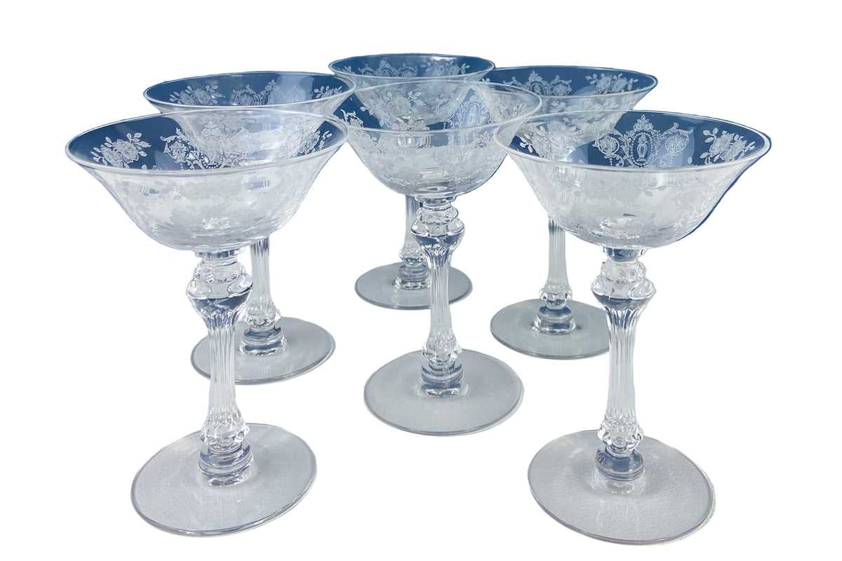 Vintage Tiffin Franciscan Champagne Glasses – Cherokee Rose Etched Set of 8