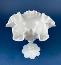 Fenton Hand Painted Milk Glass Compote – Hobnail Ruffled Bowl
