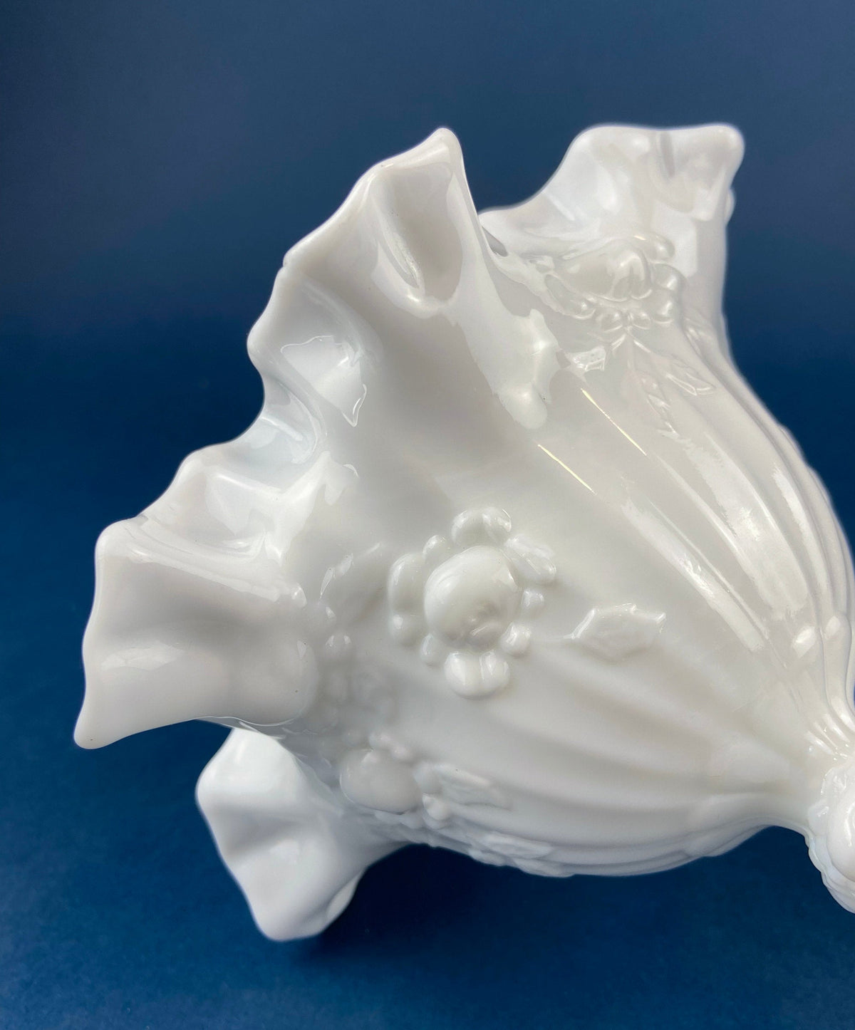 Fenton Hand Painted Milk Glass Compote – Hobnail Ruffled Bowl