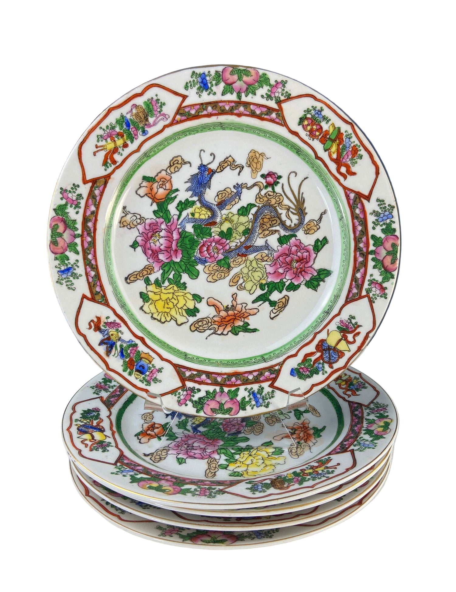 Set of 5 Hand Painted Asian Plates – Dragons & Peonies 10"