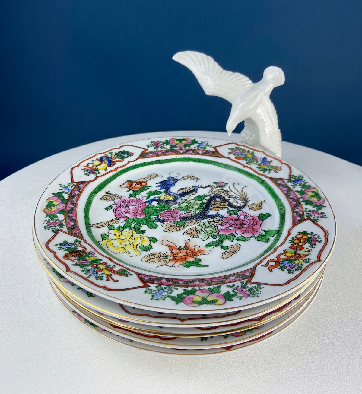 Set of 5 Hand Painted Asian Plates – Dragons & Peonies 10"