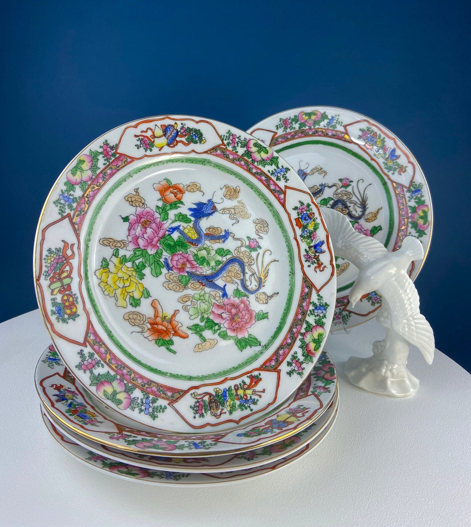 Set of 5 Hand Painted Asian Plates – Dragons & Peonies 10"
