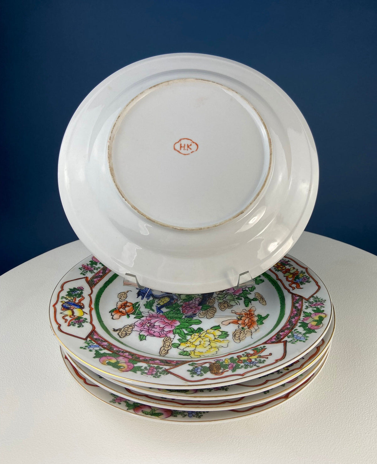 Set of 5 Hand Painted Asian Plates – Dragons & Peonies 10"