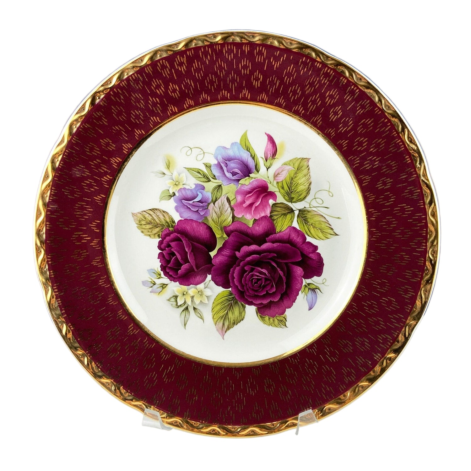 Rich Gold & Burgundy OMCO Czechoslovakia Porcelain Plate – 11" Floral Motif