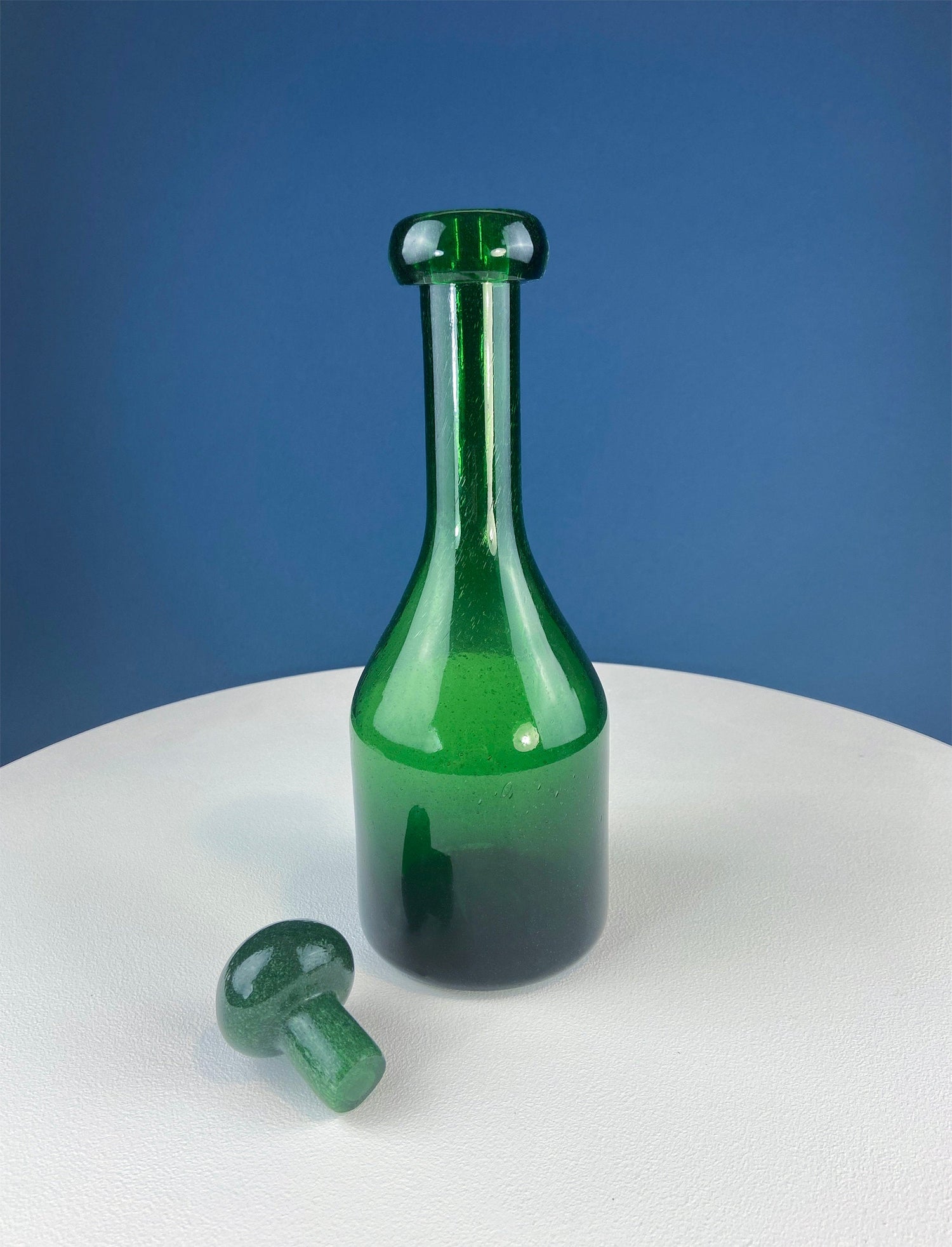 Dark Green Hand Blown Glass Decanter with Matching Stopper