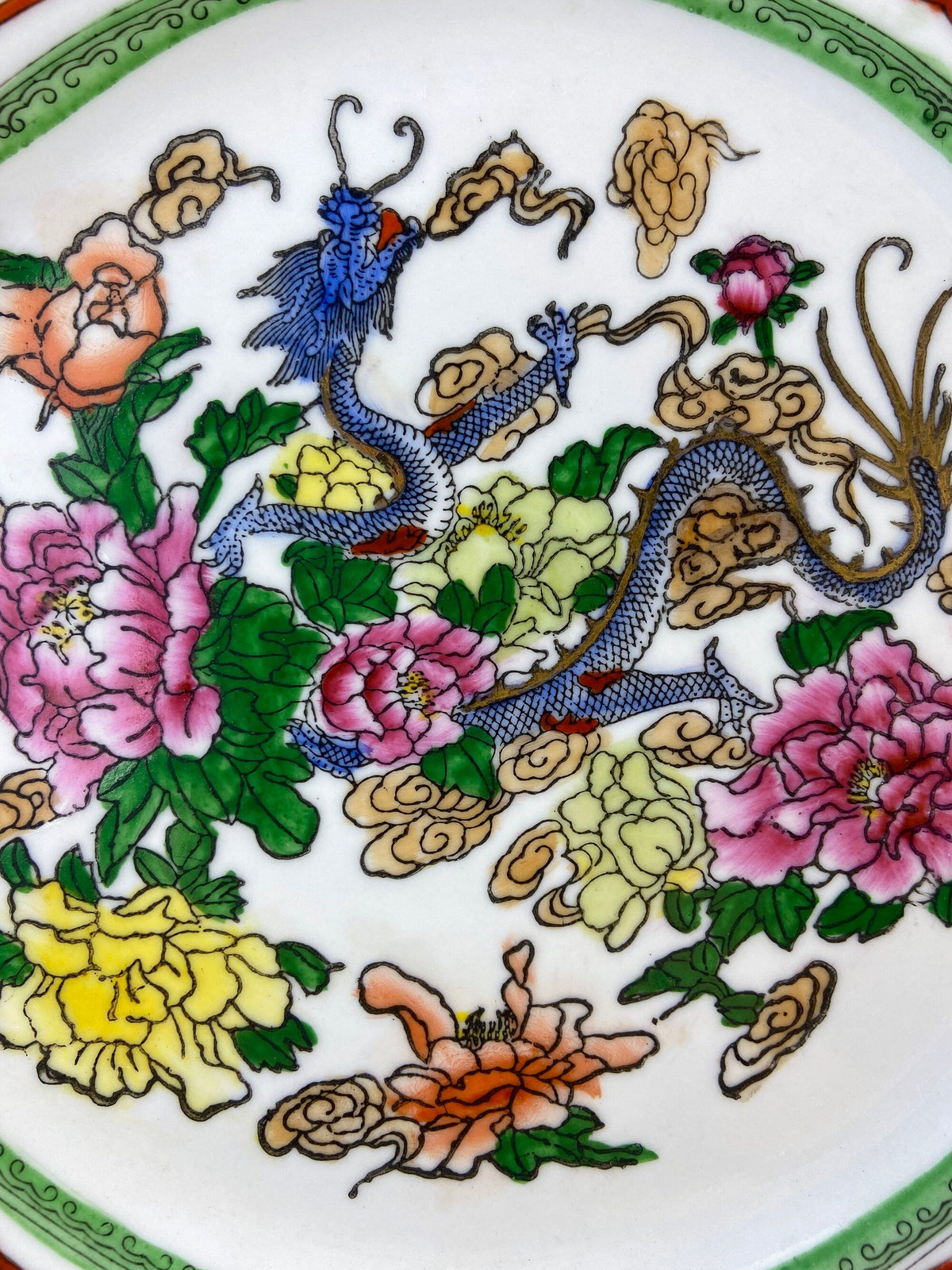 Set of 5 Hand Painted Asian Plates – Dragons & Peonies 10"