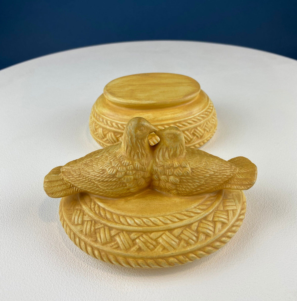 Buff Ceramic Doves on Nest – Kissing Love Birds Trinket Dish