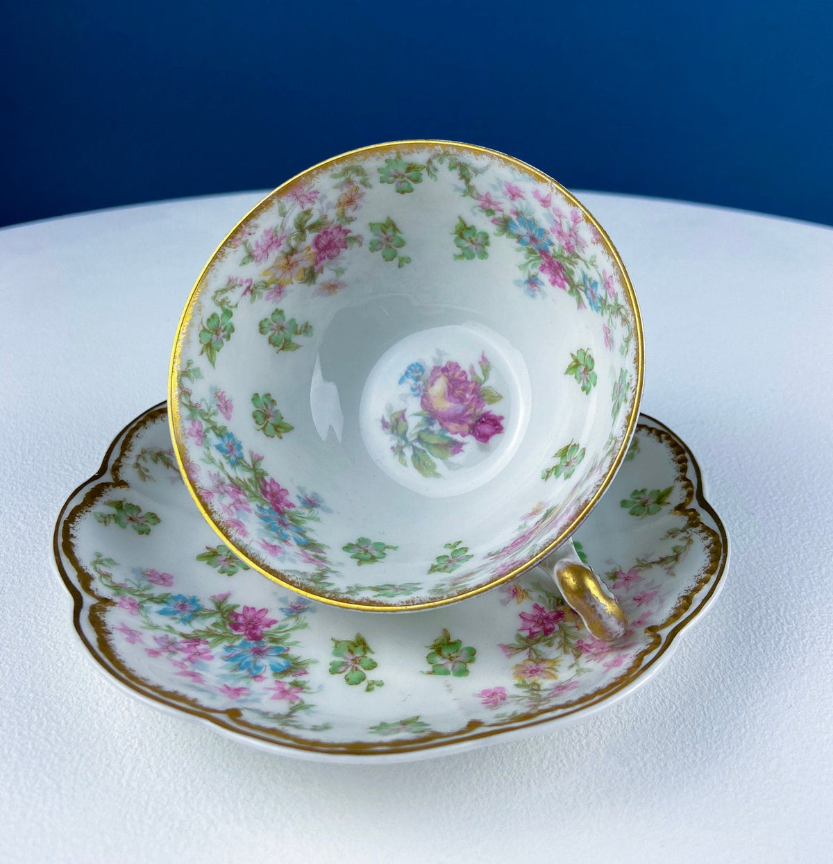 M&K Austria Porcelain Cup & Saucer – Rose Garlands and Heart Handle
