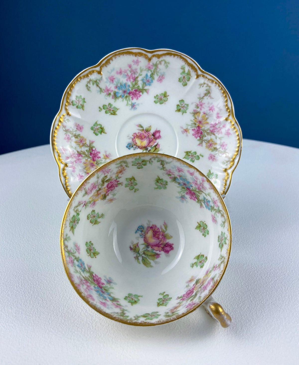 M&K Austria Porcelain Cup & Saucer – Rose Garlands and Heart Handle