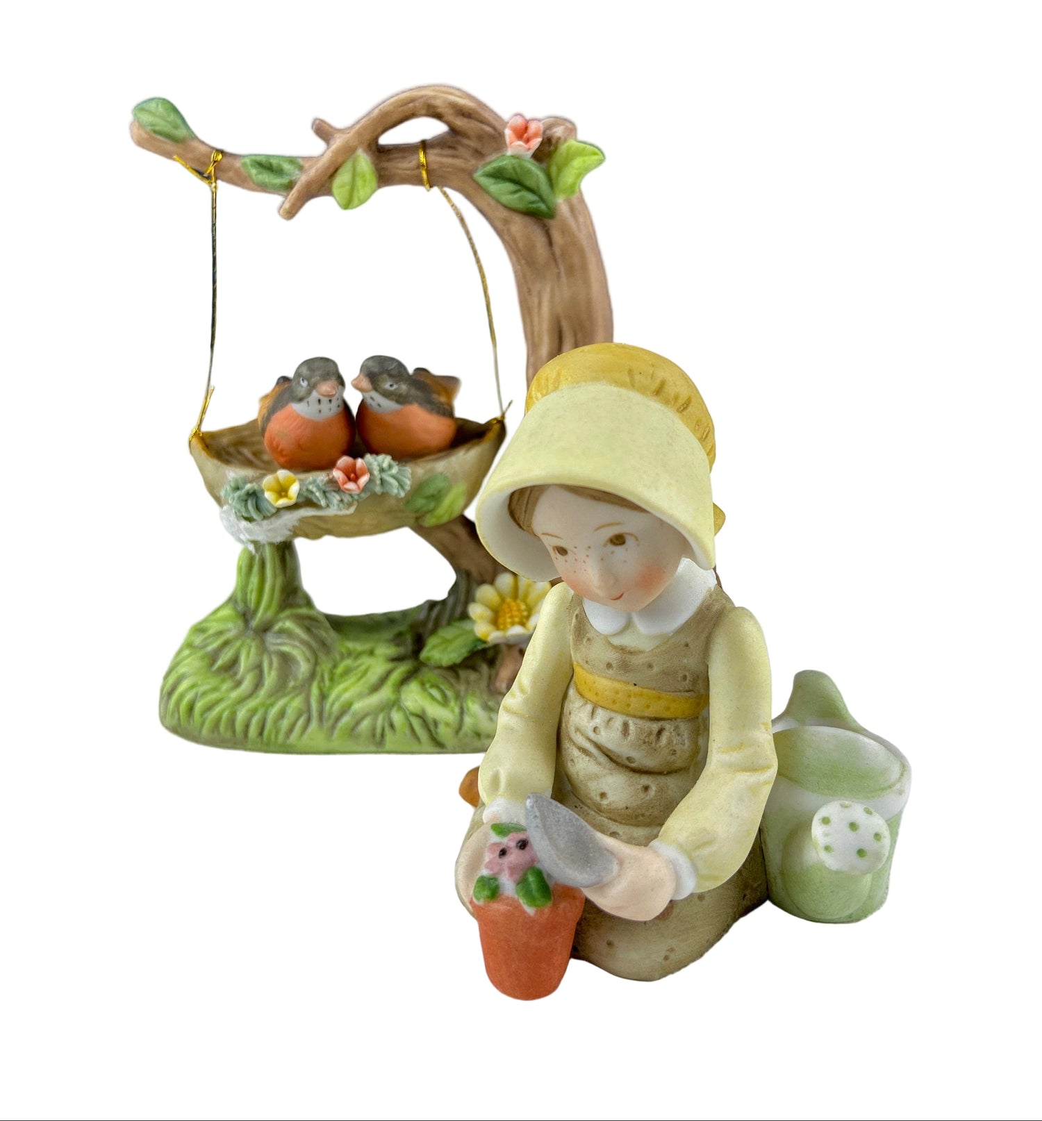 Marks & Rosenfeld Porcelain Figurine – Little Girl Planting Flowers with Birds in Nest