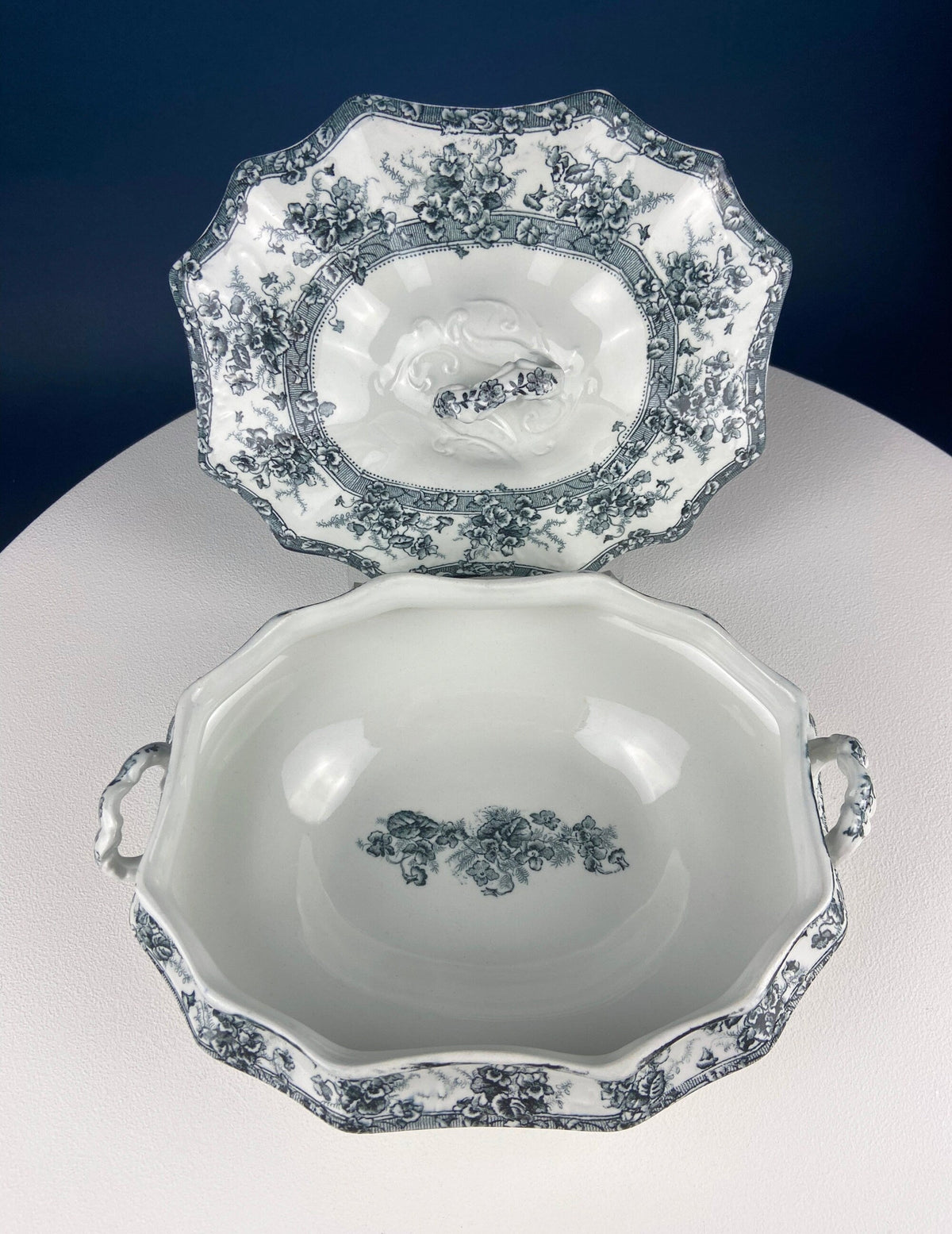 Antique Wedgwood Porcelain Tureen – Oval Black & White Relief Design