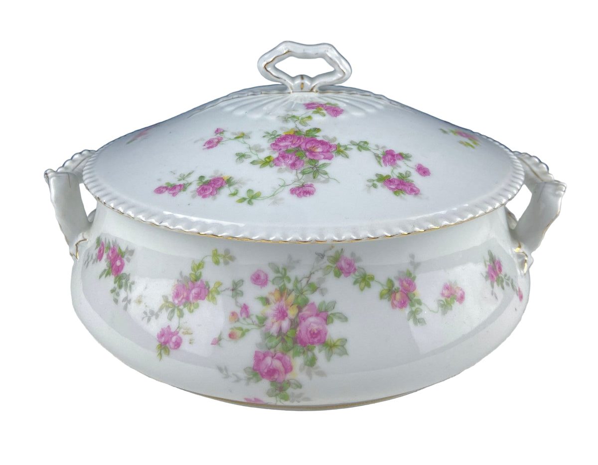 Antique Porcelain Tureen – Pink Roses Design with Bow Handles