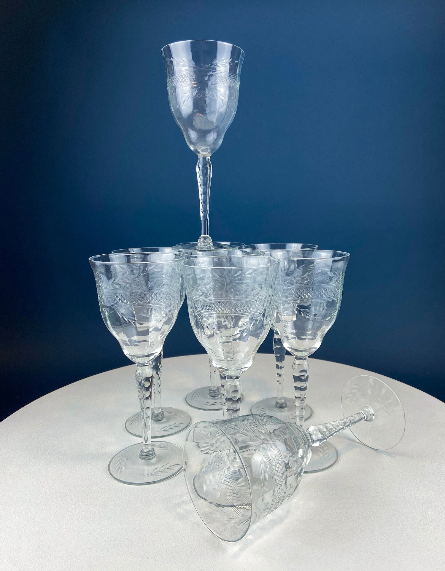 Vintage Floral Cut Crystal Goblets – Set of 8 Tall Stemware