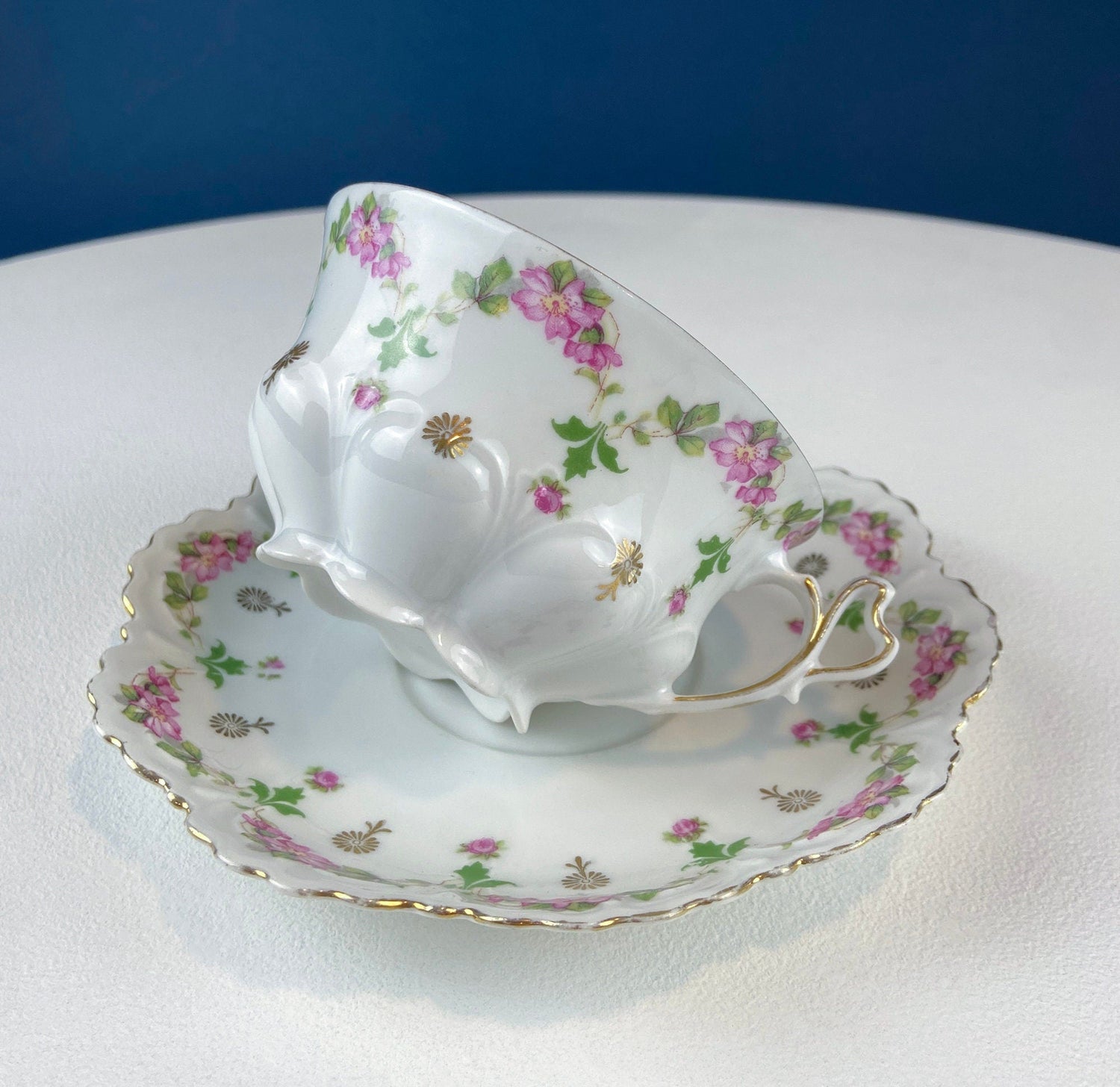 M&K Austria Porcelain Cup & Saucer – Rose Garlands and Heart Handle