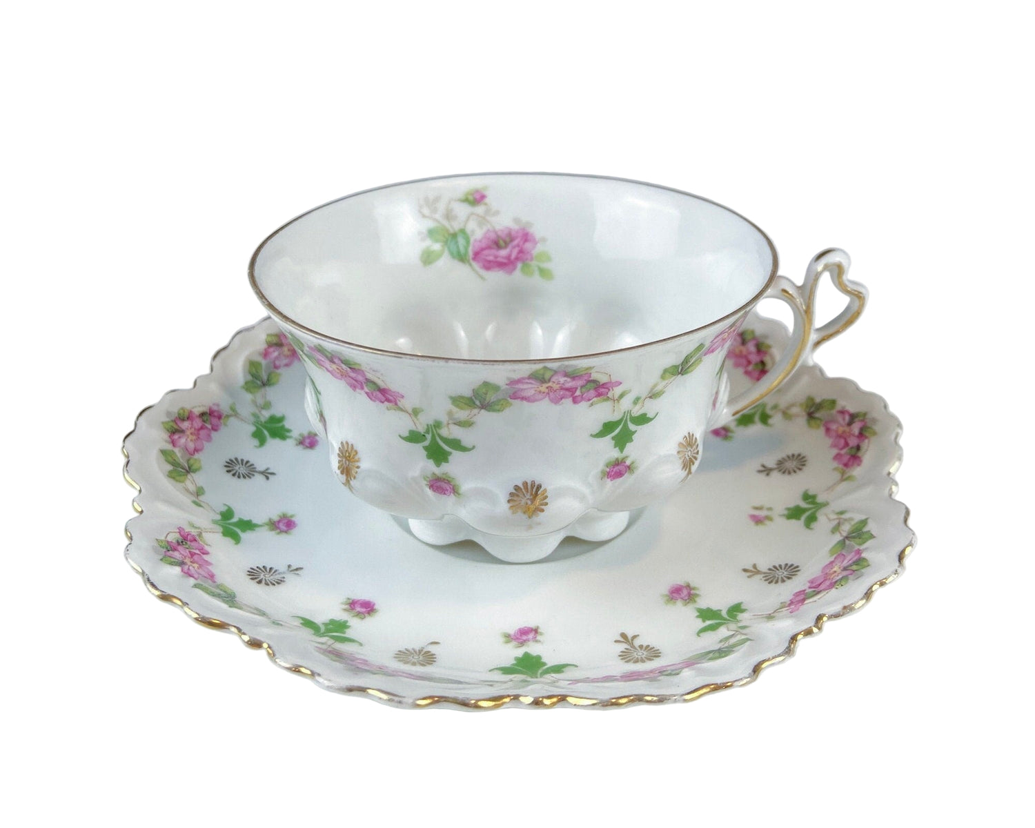 M&K Austria Porcelain Cup & Saucer – Rose Garlands and Heart Handle