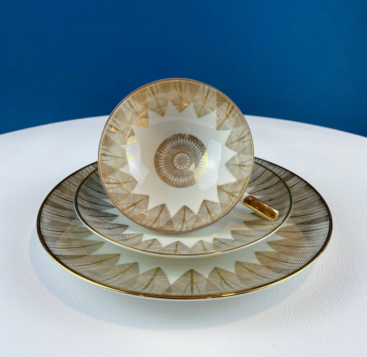 Antique Bavarian Gold and Cream Porcelain Tea Set Trio – Cup, Saucer, and Dessert Plate