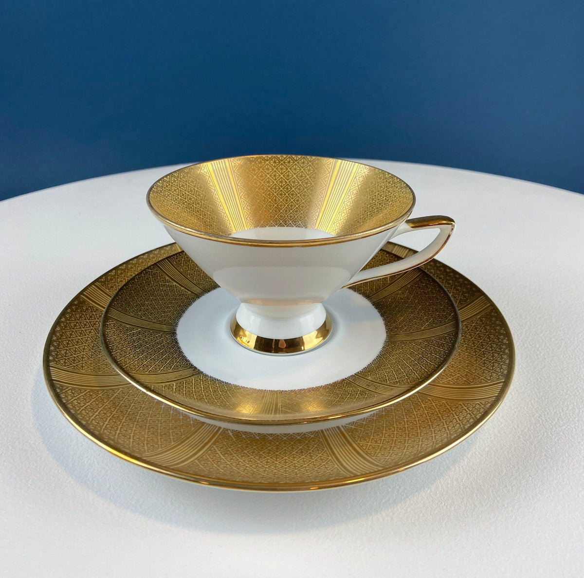 Antique Bavarian Gold and Cream Porcelain Tea Set Trio – Cup, Saucer, and Dessert Plate