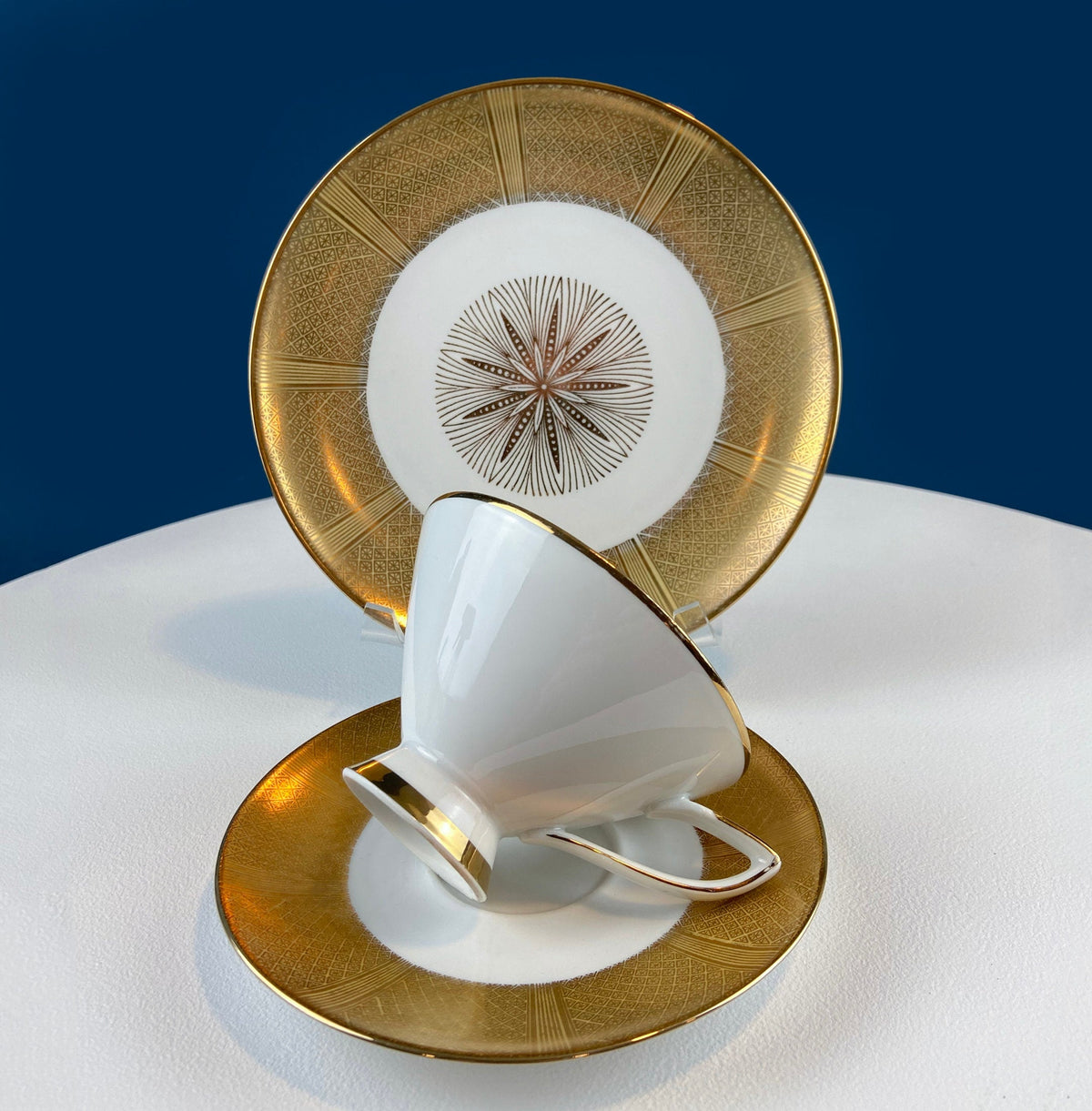 Antique Bavarian Gold and Cream Porcelain Tea Set Trio – Cup, Saucer, and Dessert Plate