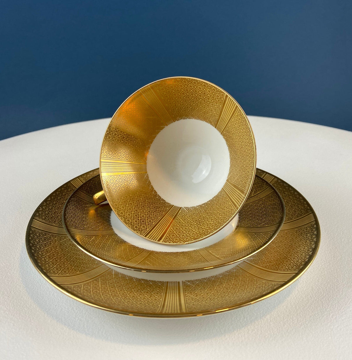 Antique Bavarian Gold and Cream Porcelain Tea Set Trio – Cup, Saucer, and Dessert Plate