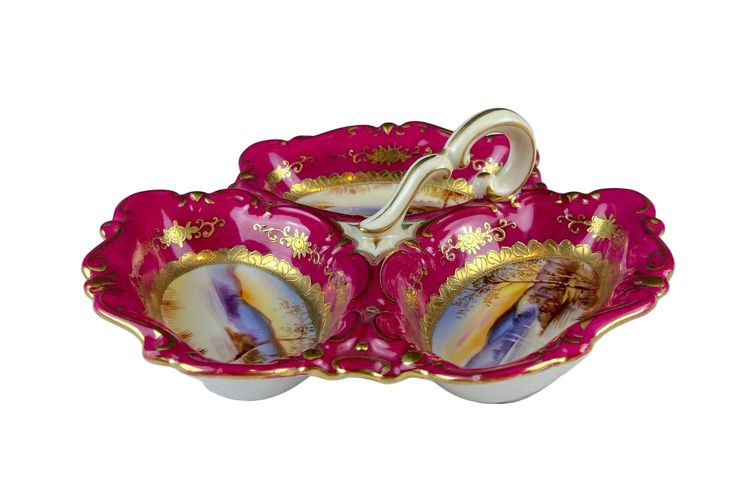 Antique Hand Painted Porcelain Divided Serving Dish with Handle