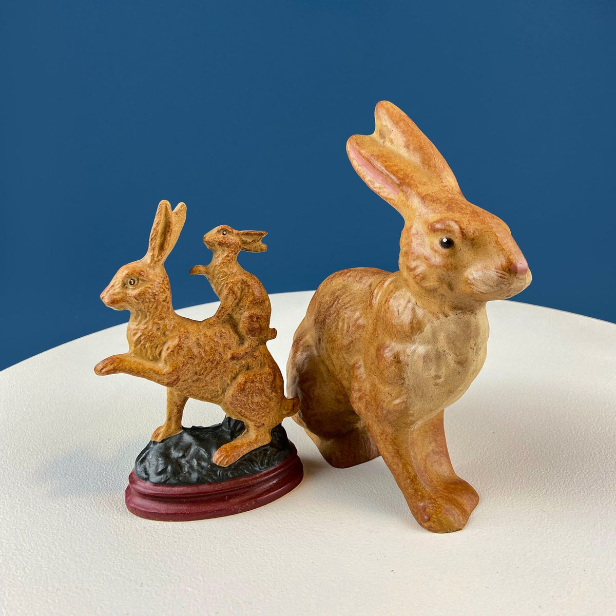 Brown Ceramic Bunny Figurine – Mom Carrying Baby Rabbit