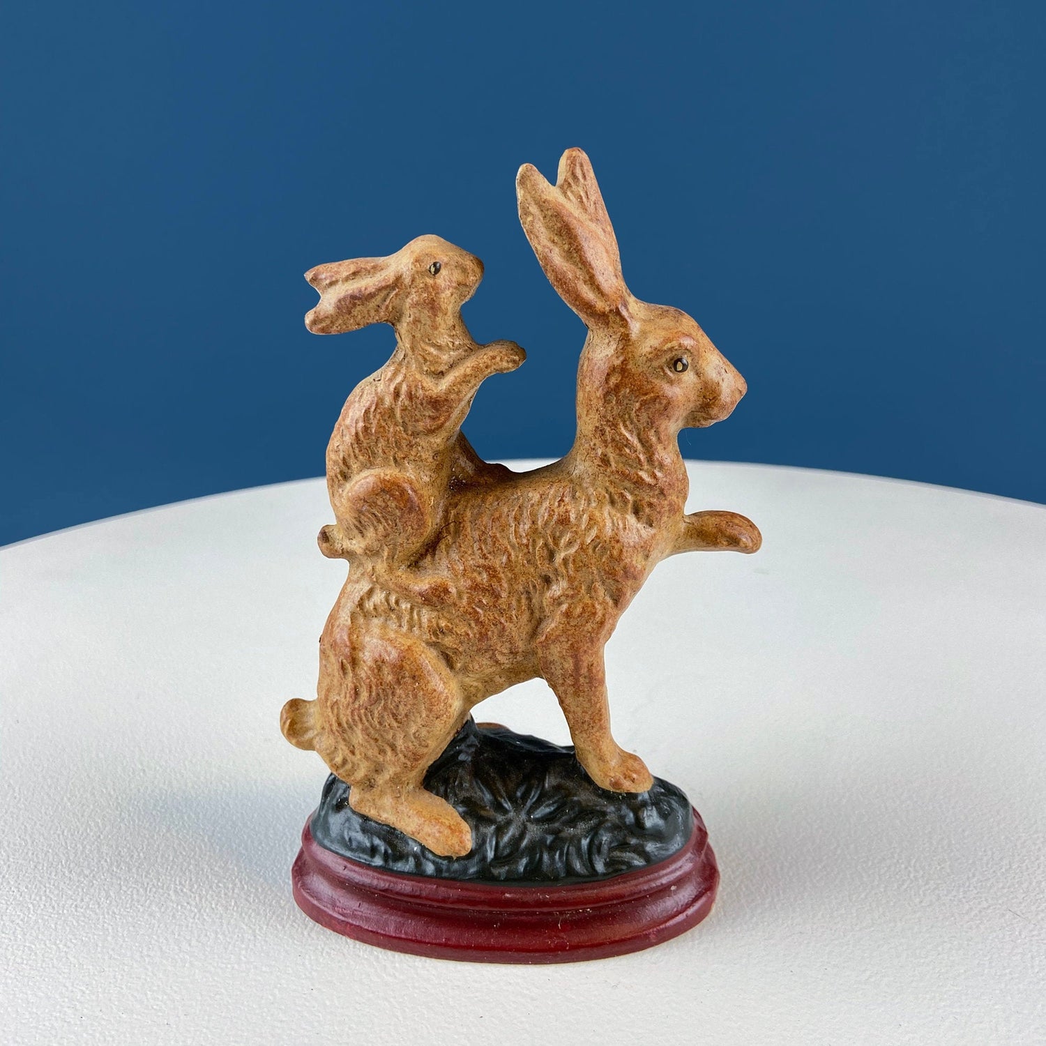 Brown Ceramic Bunny Figurine – Mom Carrying Baby Rabbit