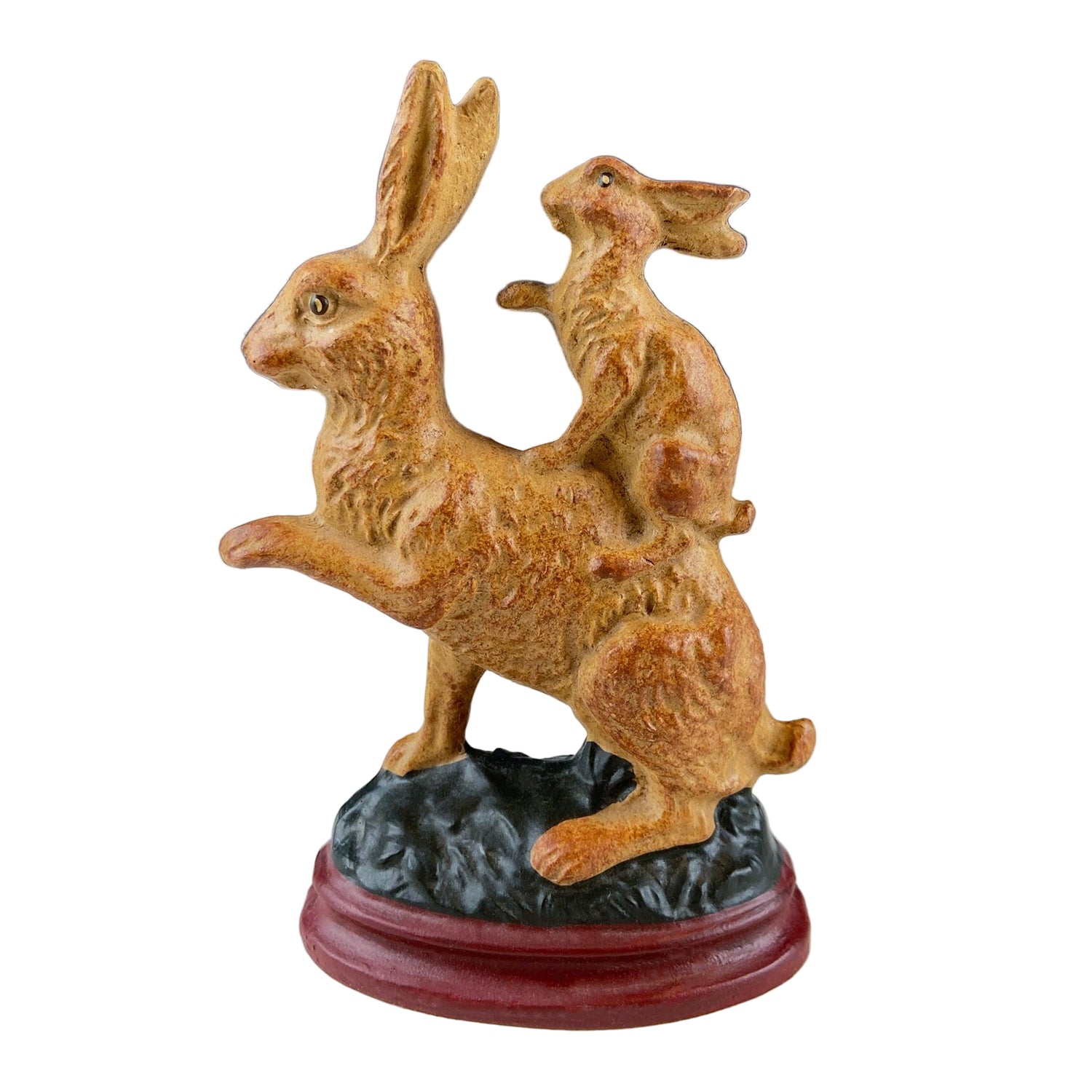 Brown Ceramic Bunny Figurine – Mom Carrying Baby Rabbit