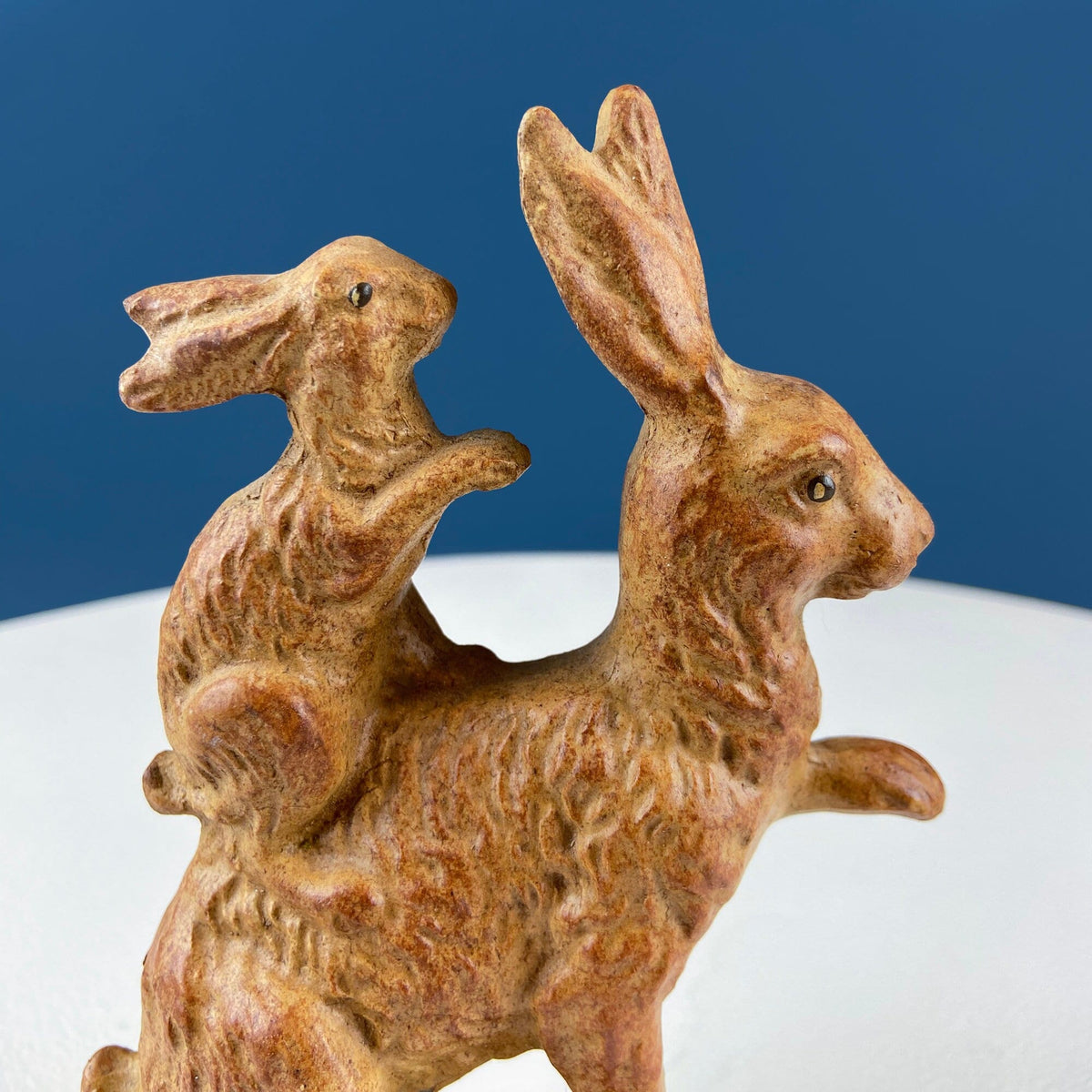 Brown Ceramic Bunny Figurine – Mom Carrying Baby Rabbit