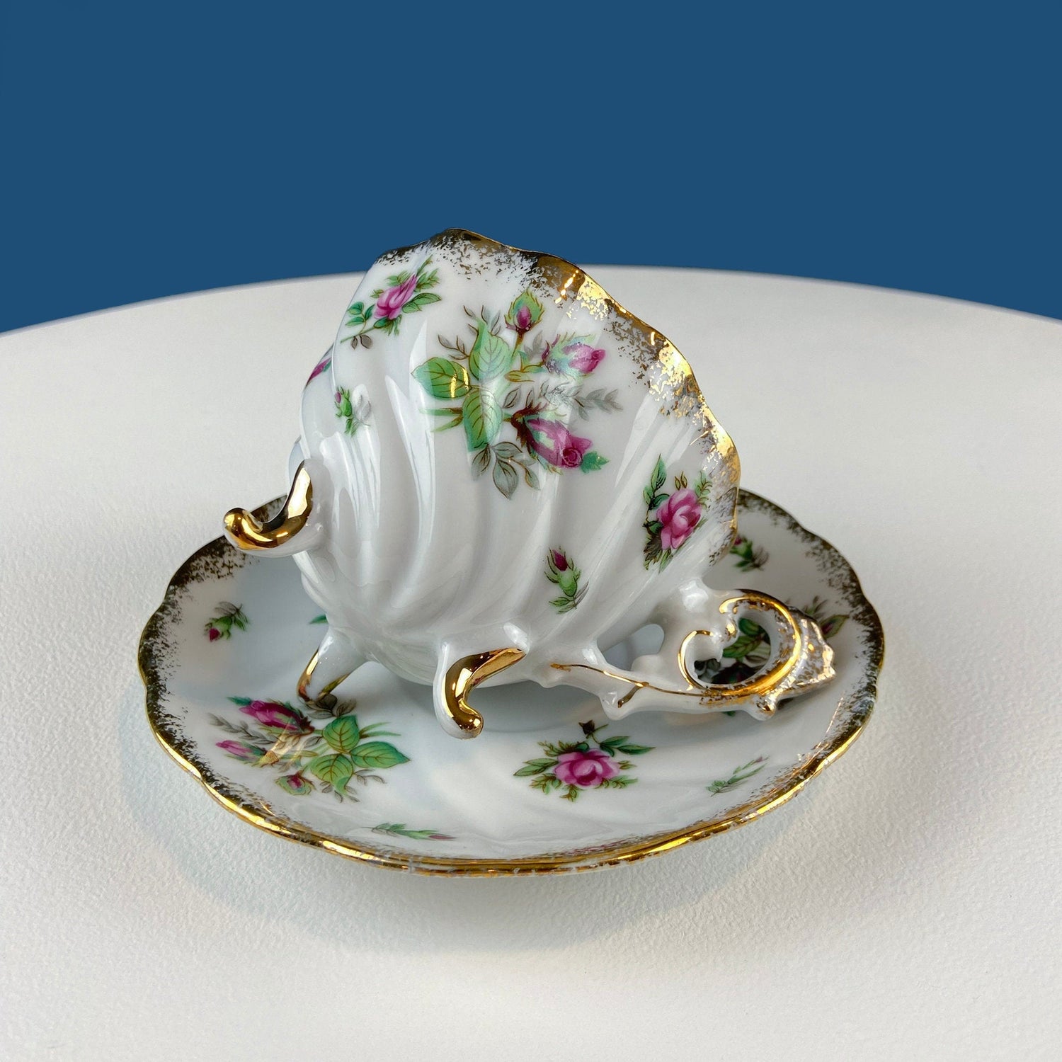 Vintage Moss Rose Porcelain Cup & Saucer – Swirl Silhouette