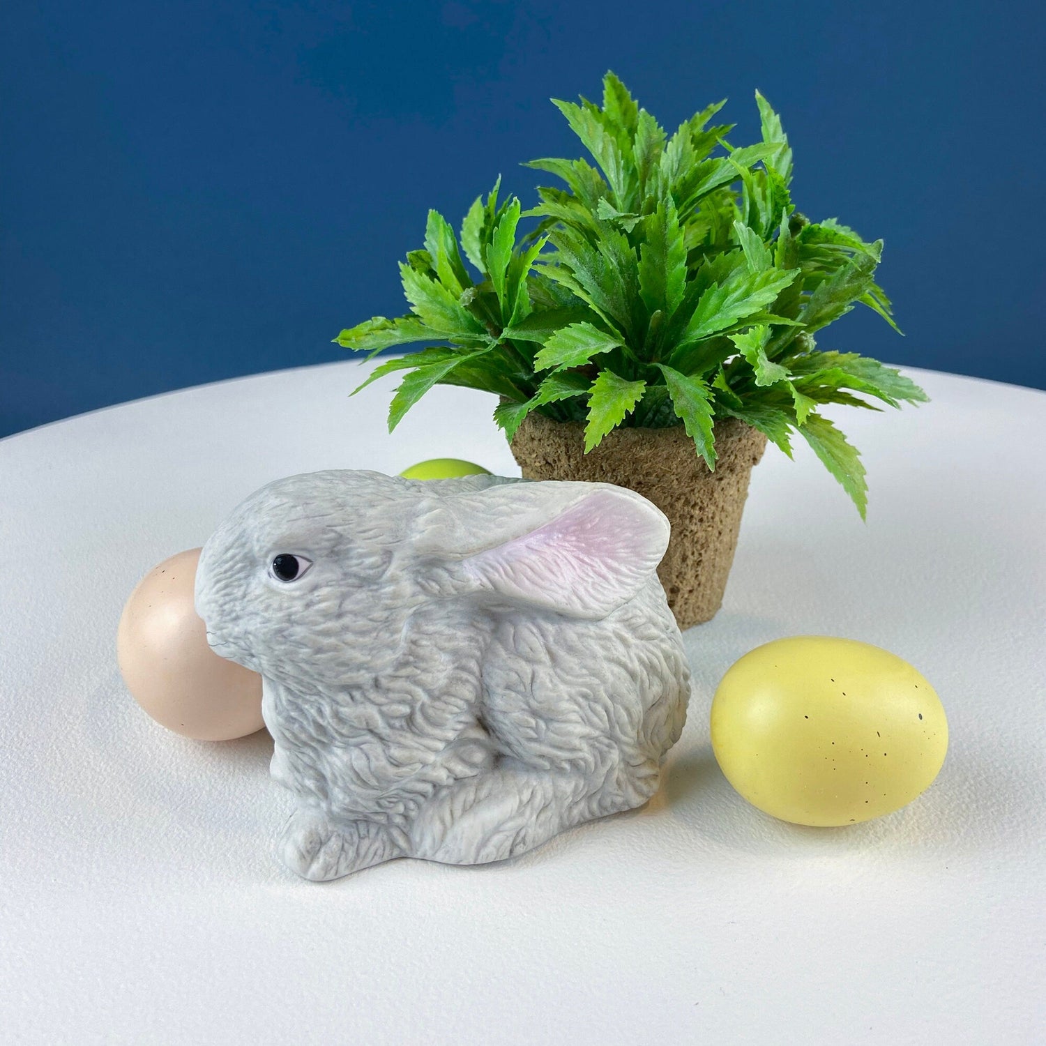 Vintage Porcelain Gray Bunny Figurine with Pink Ears