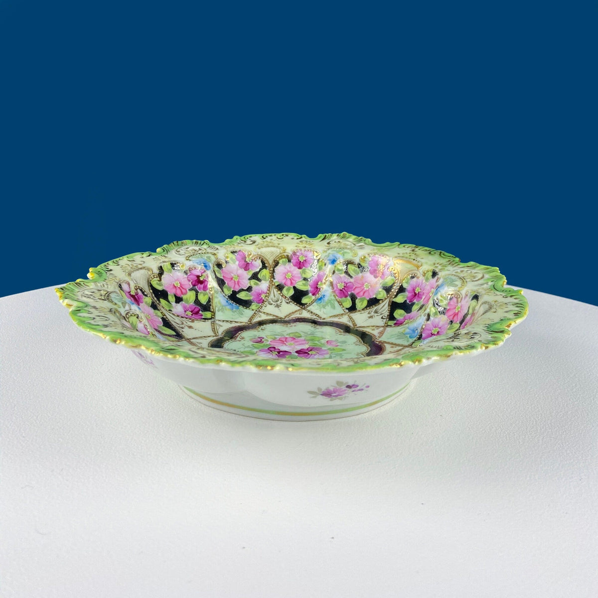 Antique Victorian Porcelain Bowl – Pink Roses & Gold Beading