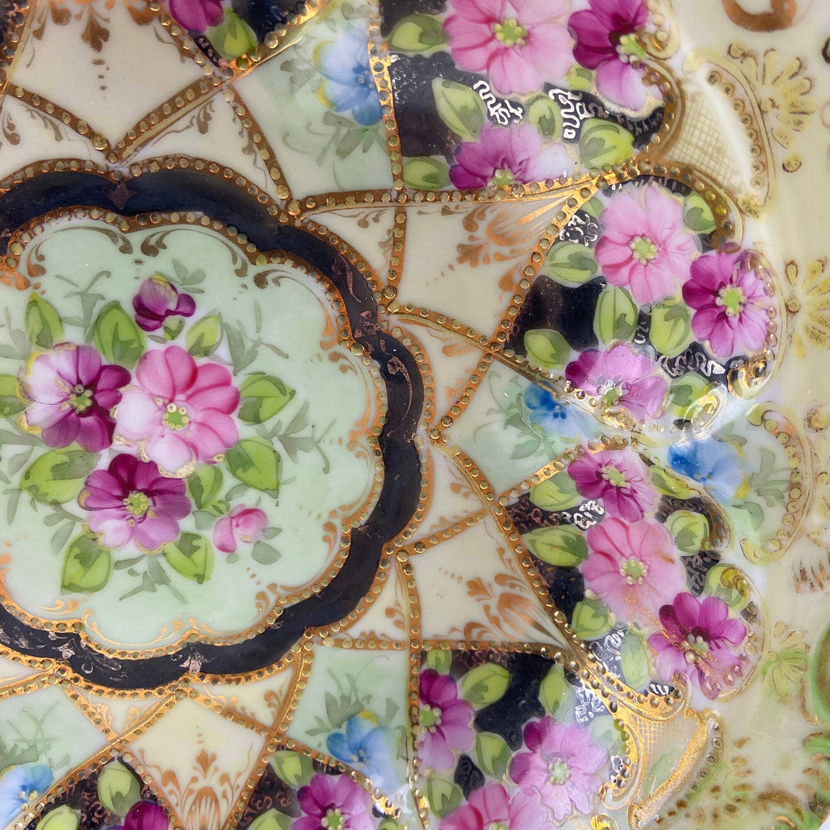 Antique Victorian Porcelain Bowl – Pink Roses & Gold Beading