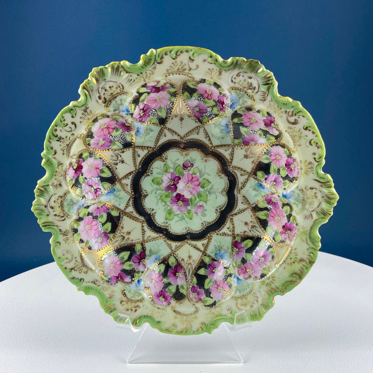 Antique Victorian Porcelain Bowl – Pink Roses & Gold Beading