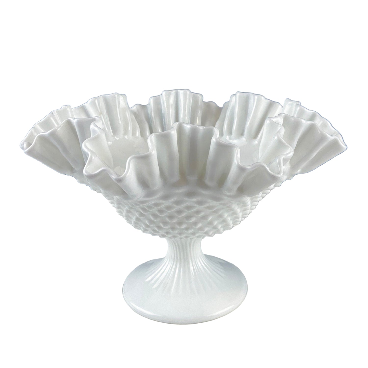 Fenton Milk Glass Hobnail Footed Bowl – Ruffled Edge Compote
