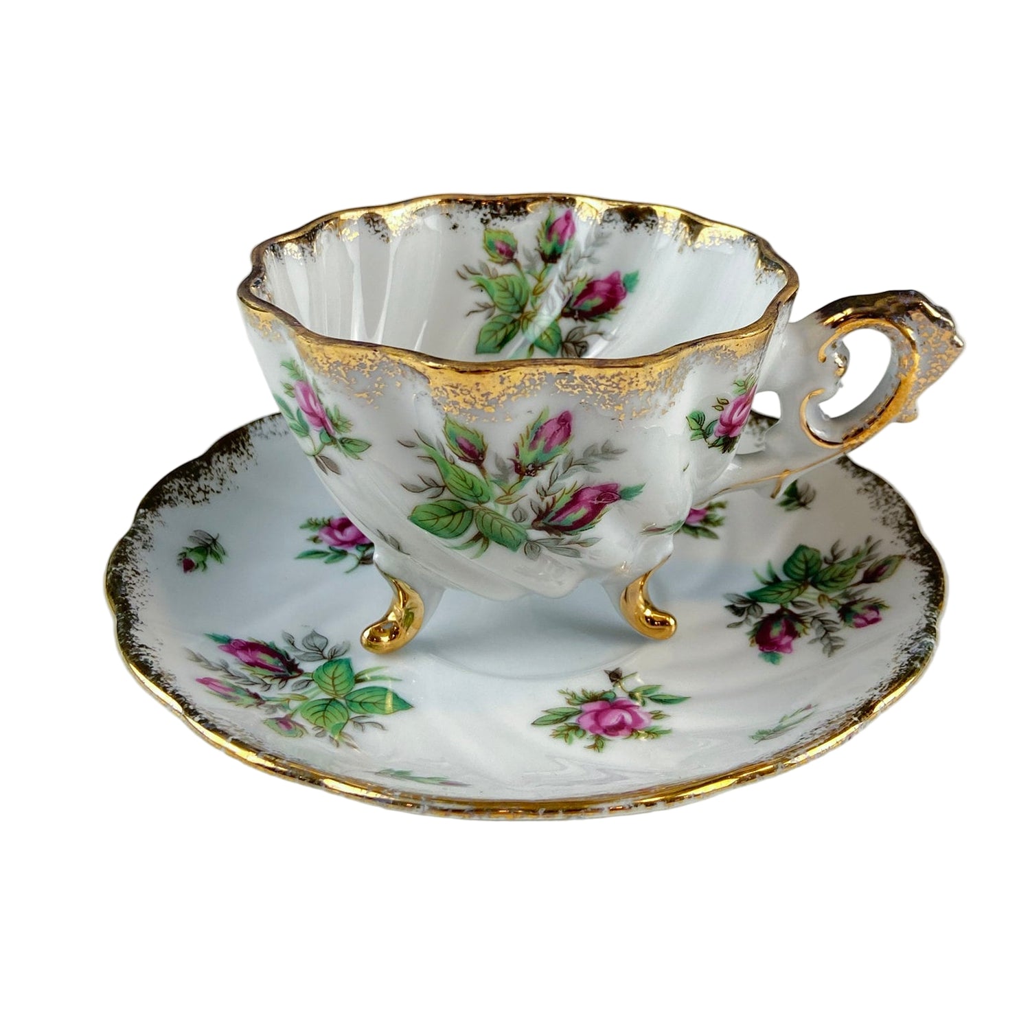 Vintage Moss Rose Porcelain Cup & Saucer – Swirl Silhouette