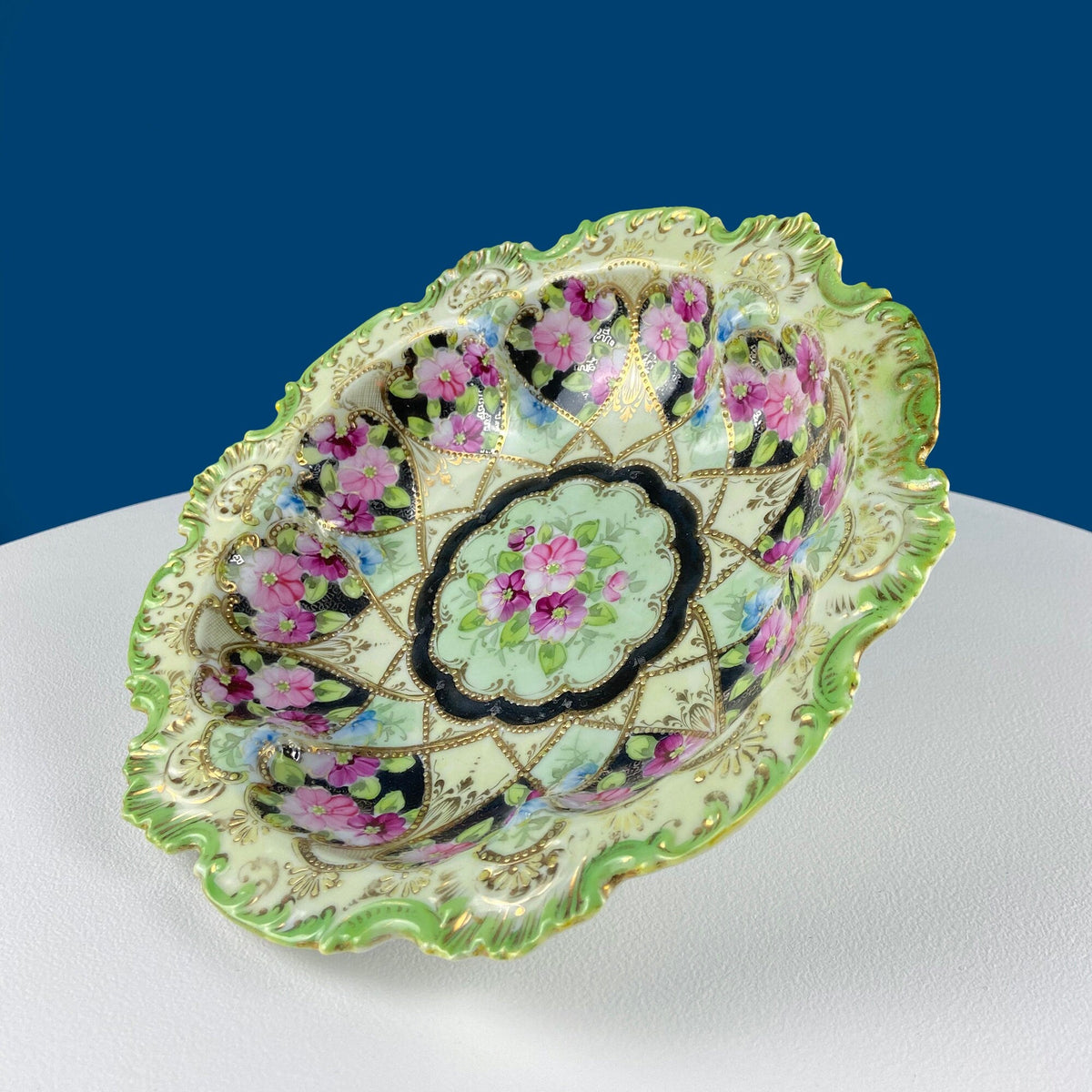 Antique Victorian Porcelain Bowl – Pink Roses & Gold Beading