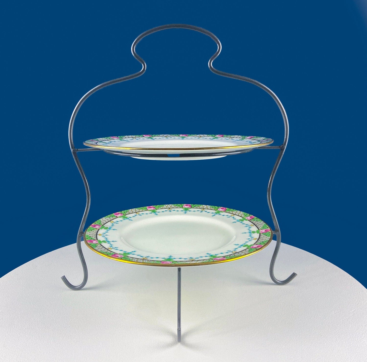 Vintage Two-Tier Metal Wire Stand with Plates