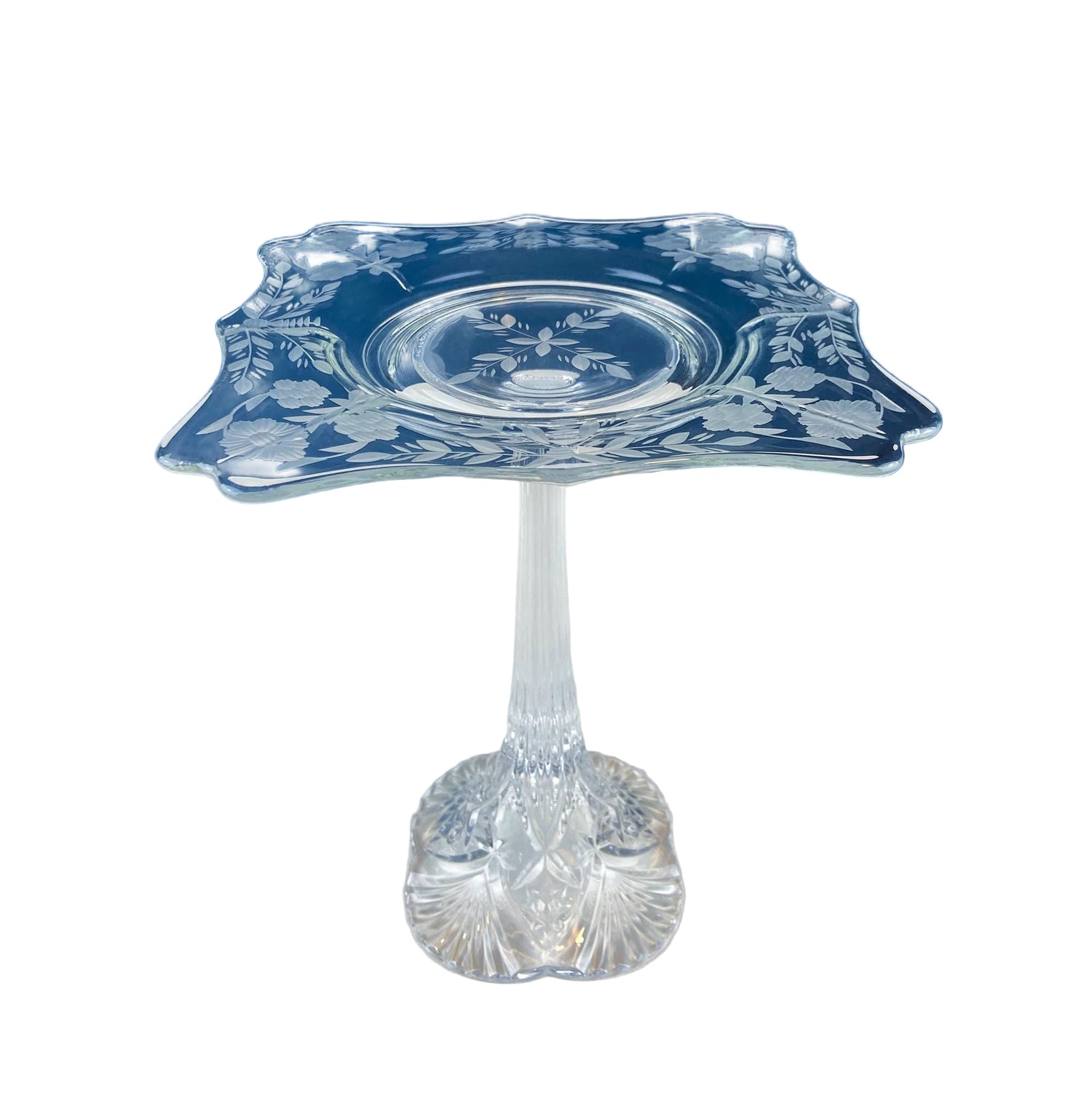 Vintage Etched Glass Footed Compote – Floral & Geometric Design