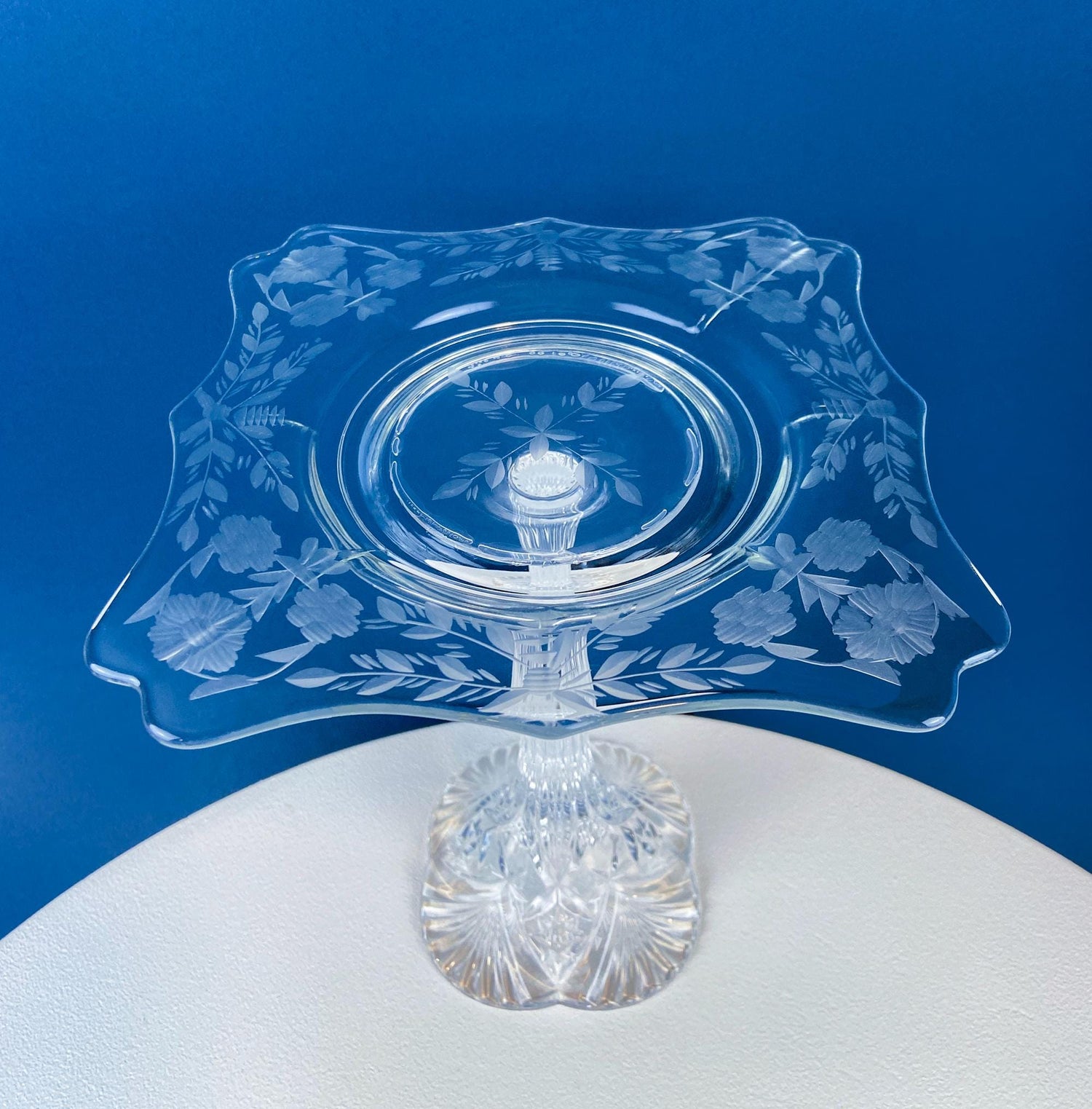 Vintage Etched Glass Footed Compote – Floral & Geometric Design