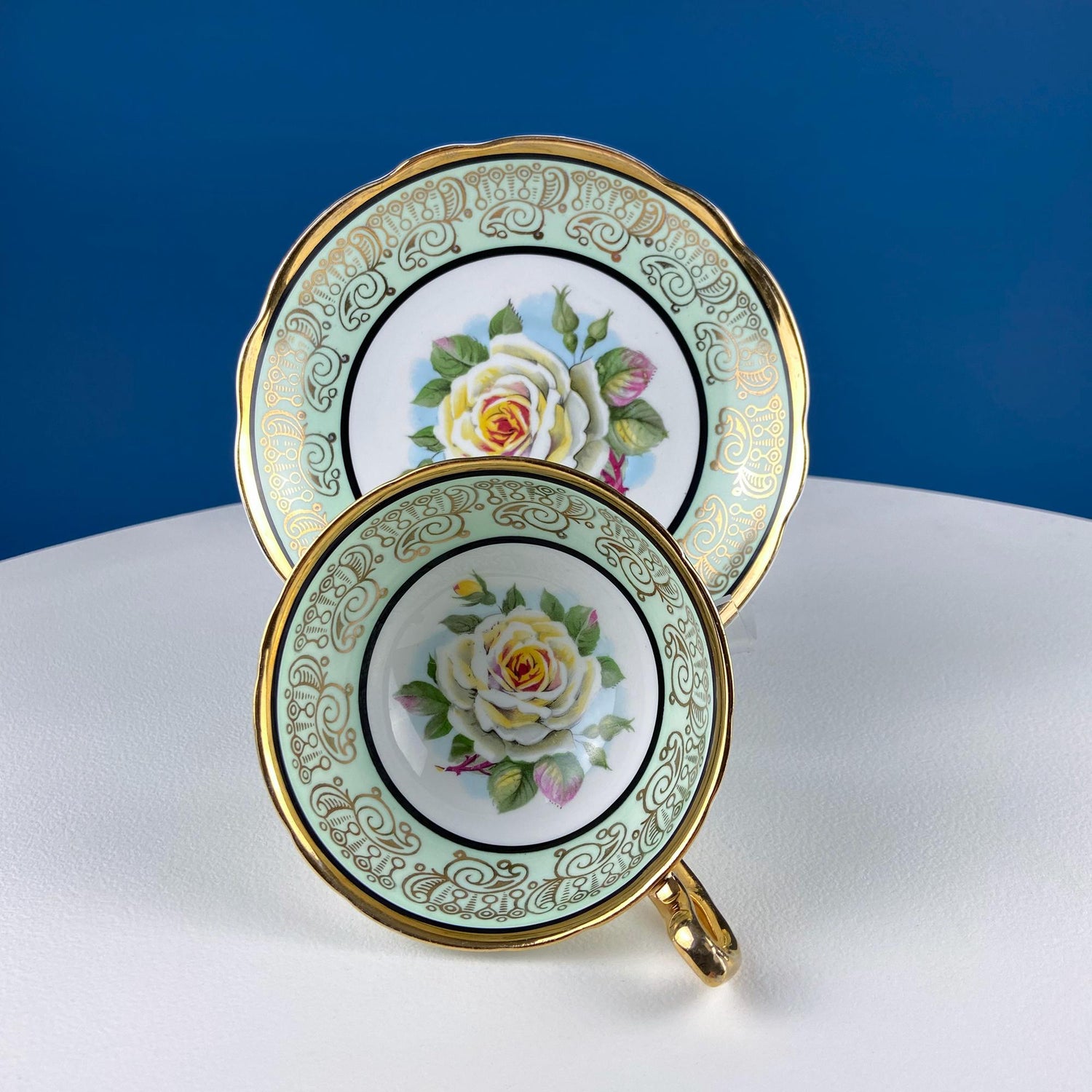 Vintage Regency Mint Green Cup & Saucer with White Rose Motif